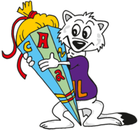A white bear wearing a purple shirt is happily holding a colorful school cone.