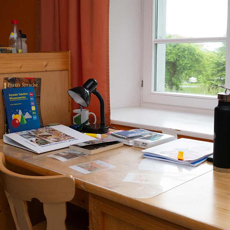 Ein ordentlich aufgeräumter Schreibtisch mit Büchern, Lampe und Fensterausblick