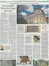 A newspaper page featuring a large building at the top and several articles.