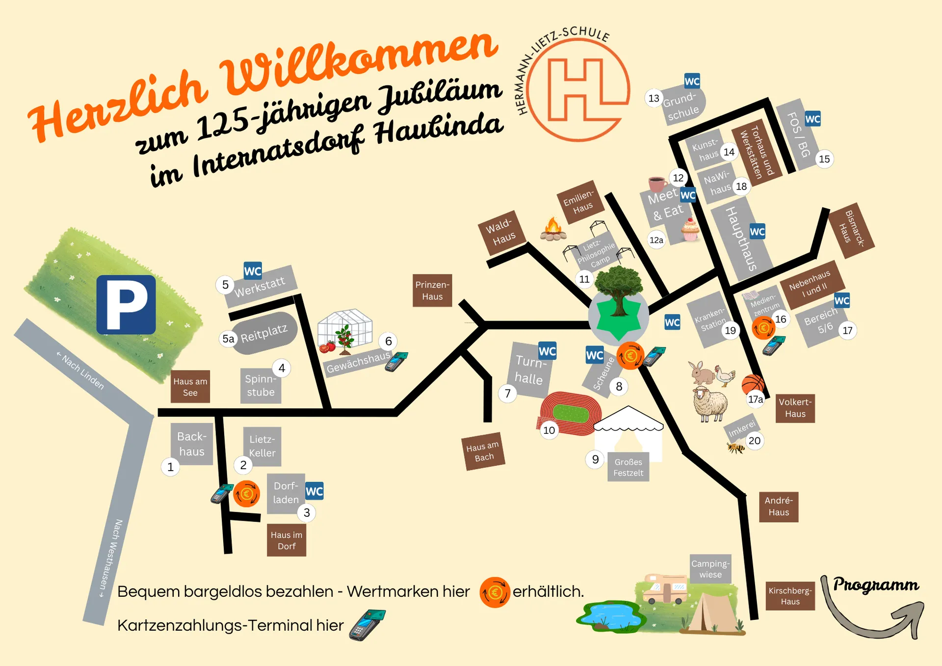 Ein buntes Lageplanbild mit verschiedenen Gebäuden, Wegen und markanten Symbolen