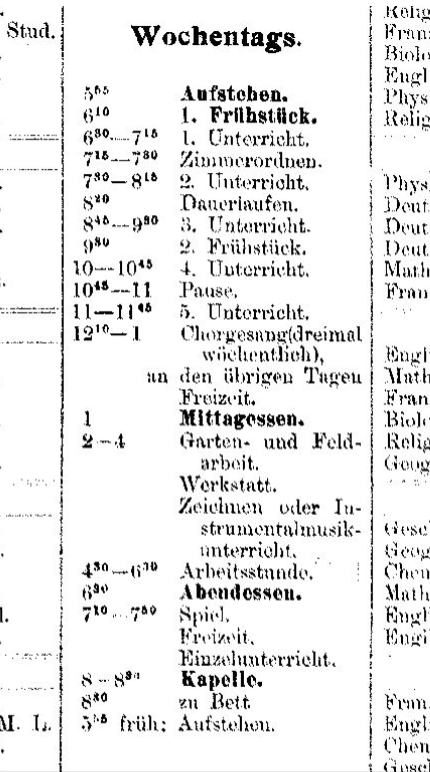 Ein schwarzweisser Stundenplan mit deutscher Schrift und detaillierter Tagesstruktur