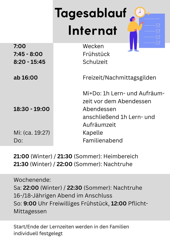 Ein Tagesablaufplan mit Icons, Uhrzeiten und farblich hervorgehobenen Abschnitten