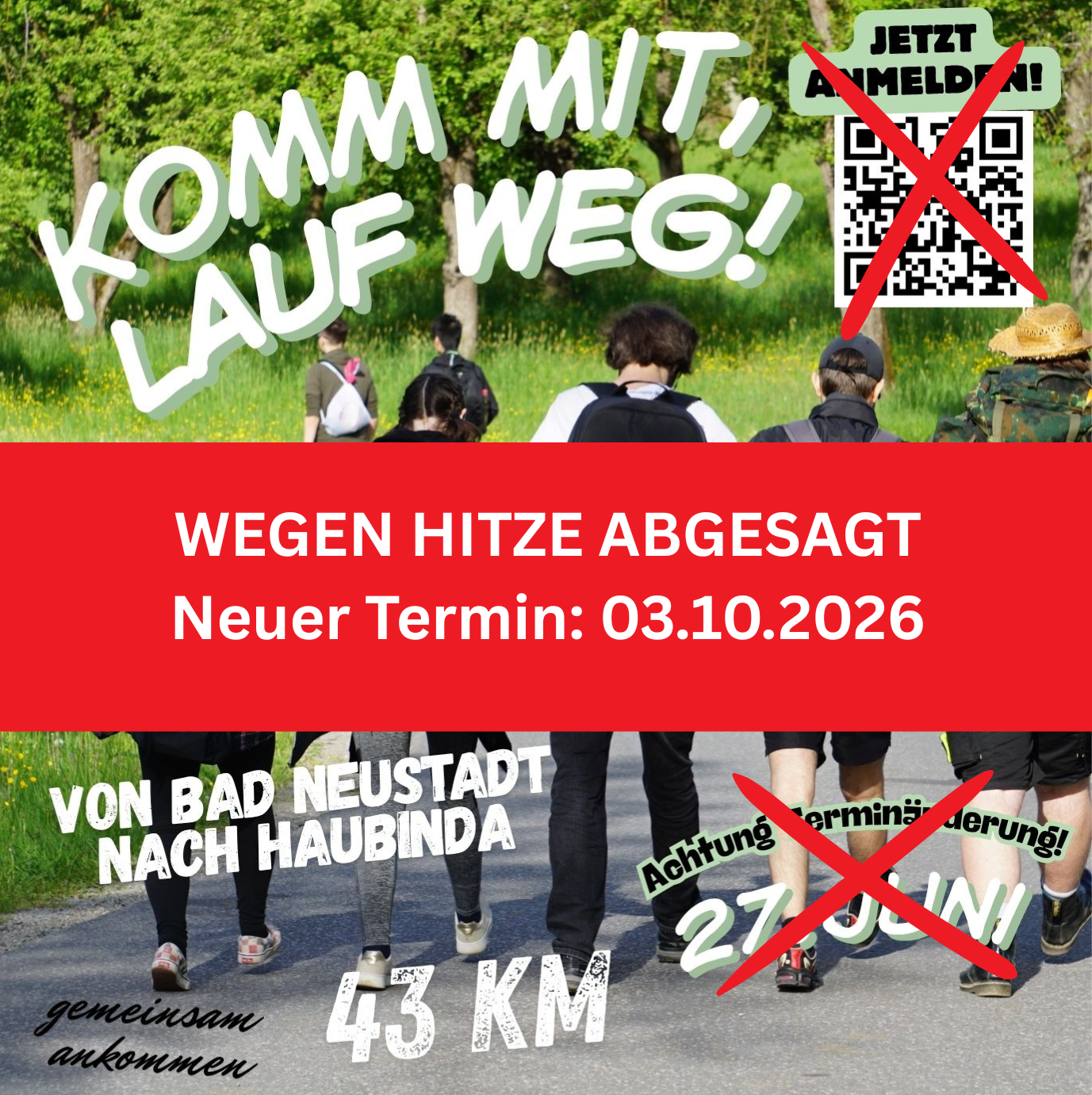 Personen laufen entspannt auf grauem Weg in gruenem Park mit roten Hinweisen
