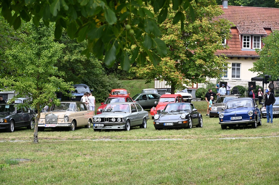 Oldtimertreffen mit klassischen Fahrzeugen auf einer Wiese vor einem Haus