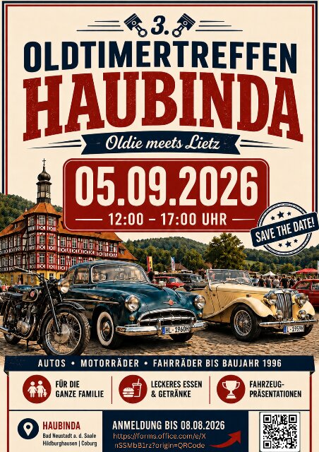 Plakat fuer das 3 Oldtimertreffen Haubinda mit Oldtimern und Motorrad