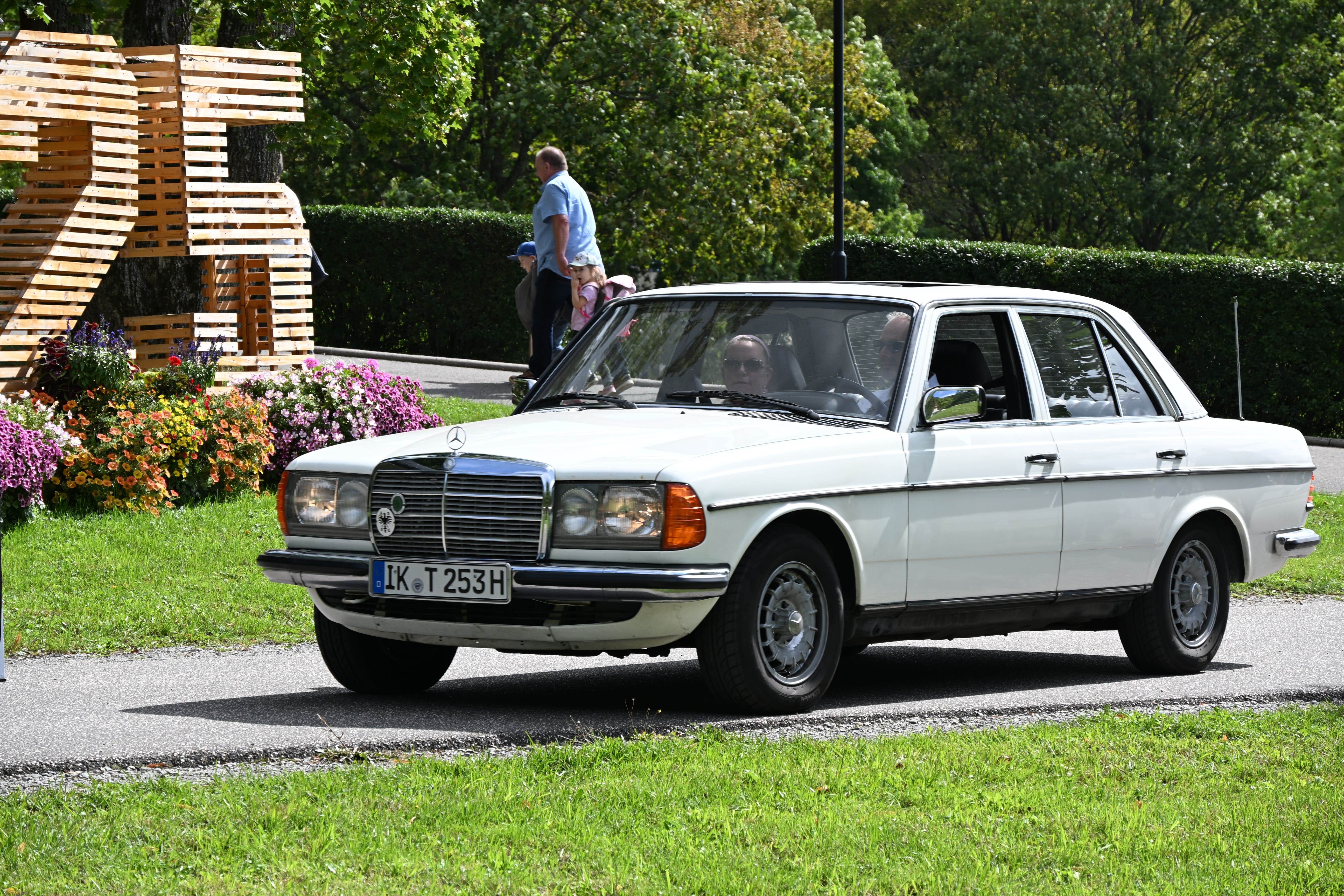 Ein weisser Mercedes Oldtimer faehrt auf einer Strasse an bluehenden Blumen vorbei