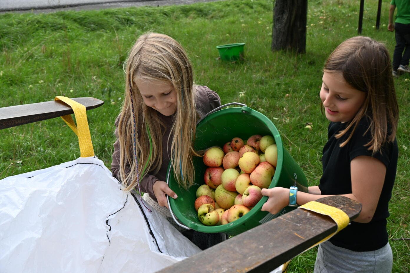 Zwei laechelnde Kinder tragen gemeinsam einen gruenen Eimer voller Aepfel
