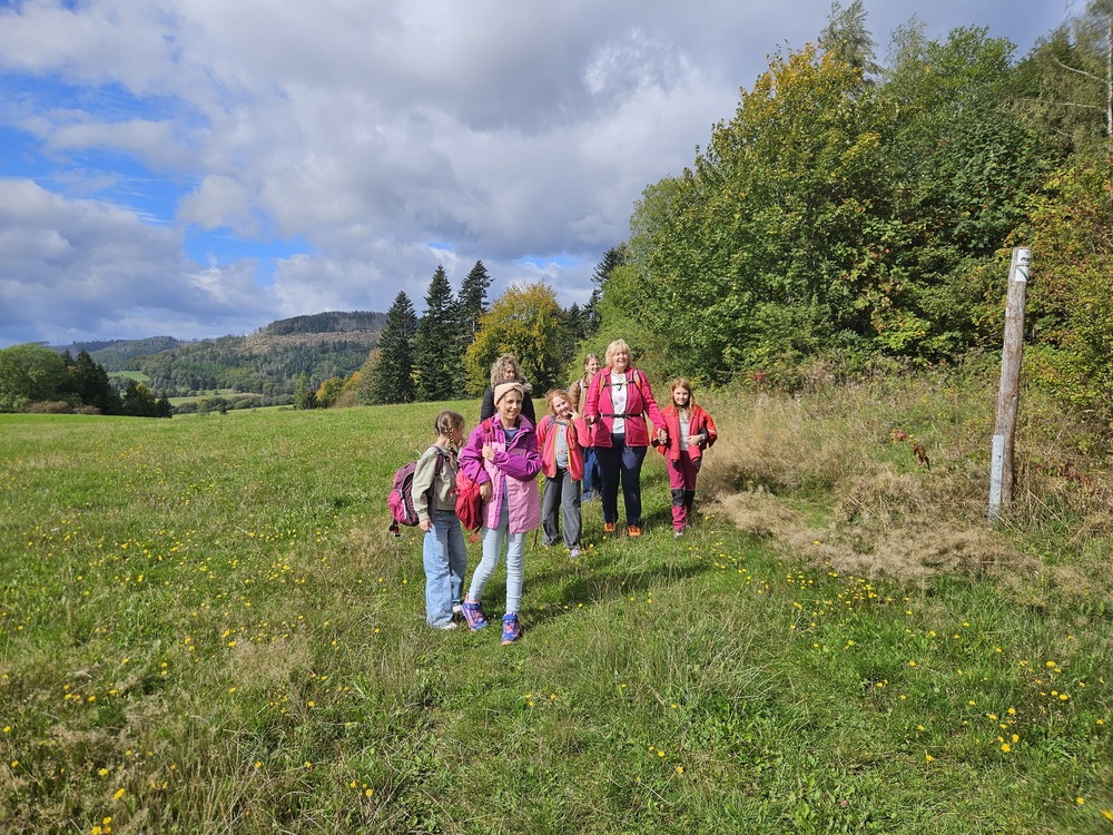 Froehliche Wandergruppe in rosa Jacken auf gruener Wiese mit Wald und Himmel
