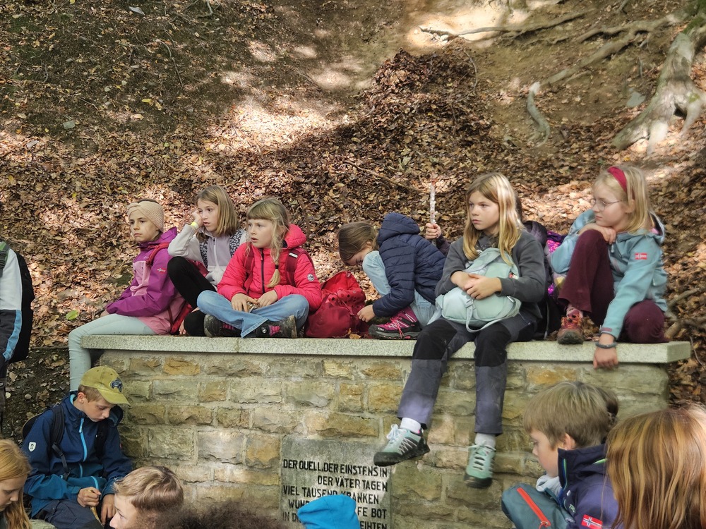 Kinder in bunten Jacken sitzen auf einer Steinmauer im herbstlichen Wald