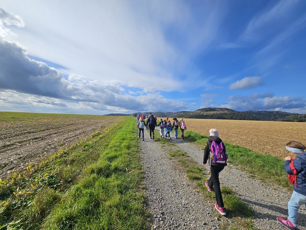 Kinder mit Rucksaecken wandern auf einem Feldweg unter blauem Himmel