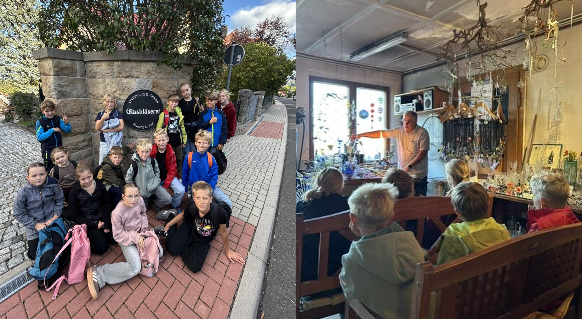Eine Kindergruppe besucht eine Glasblaeserei und schaut einer Vorfuehrung zu